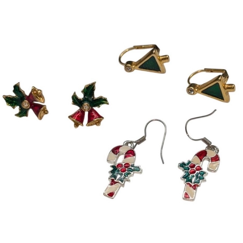 Vintage Holiday Earrings Set - Holiday Bells, Candy Cane, Christmas tree